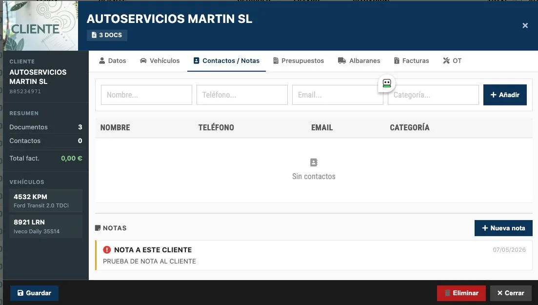 Cliente, contactos y notas